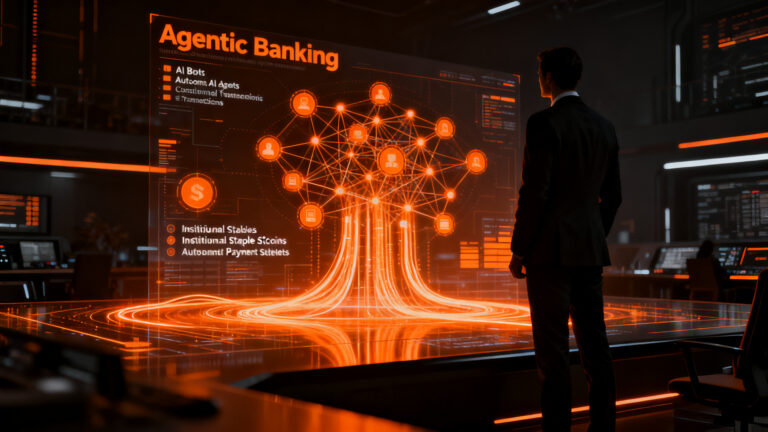 Agentes de IA y banca agéntica de Anchorage Digital realizando pagos autónomos en blockchain institucional.