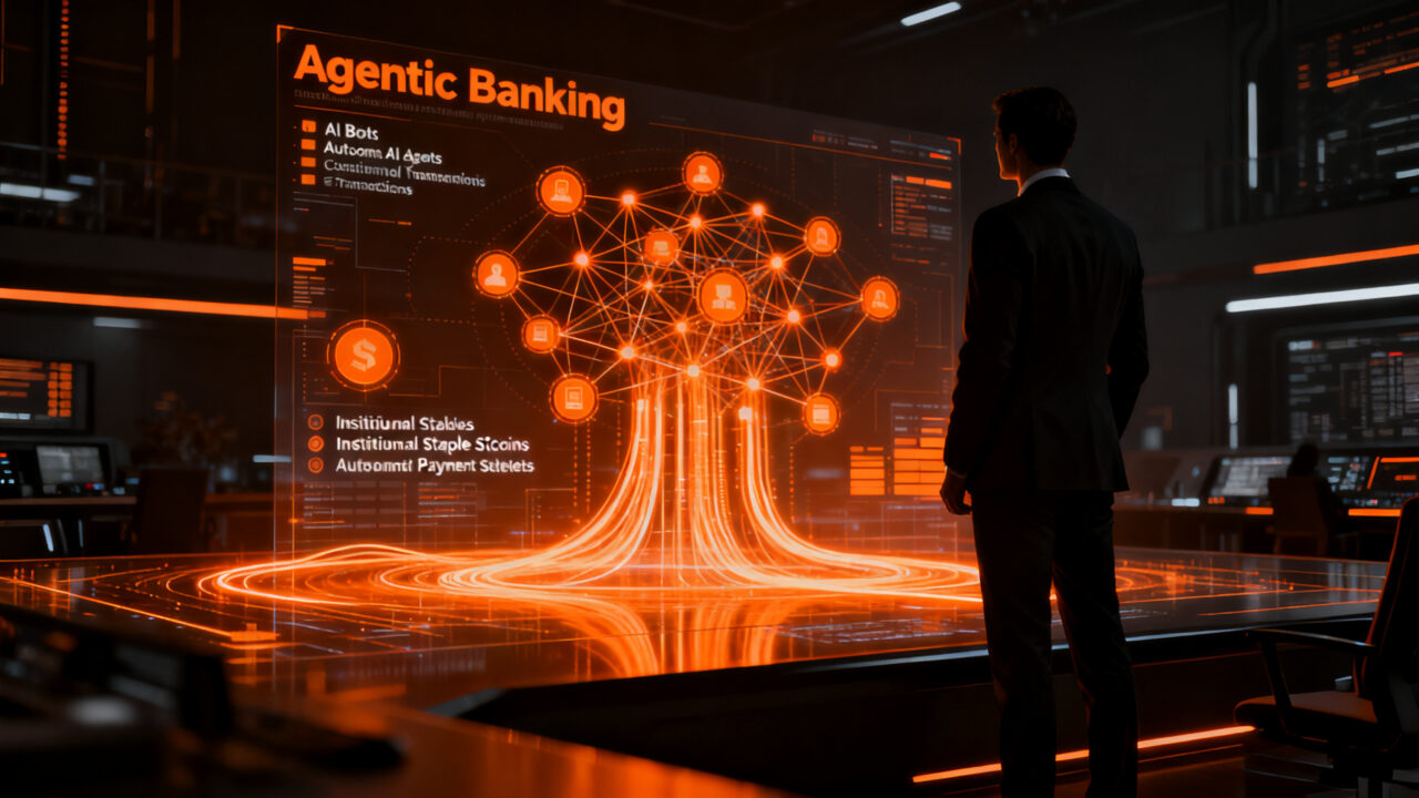 Agentes de IA y banca agéntica de Anchorage Digital realizando pagos autónomos en blockchain institucional.