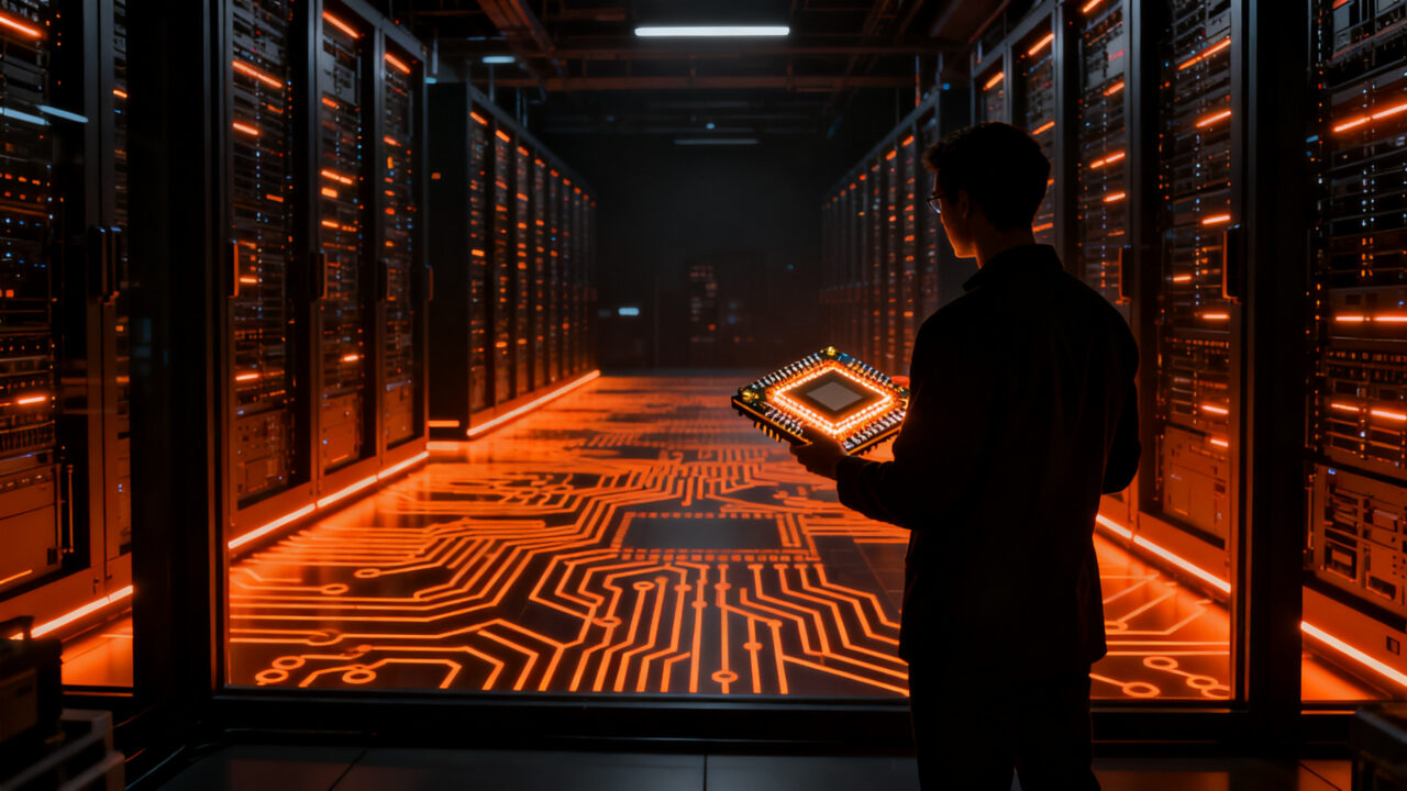 Ingeniero analizando arquitectura de chips IA para el futuro de la infraestructura tecnológica en startups.