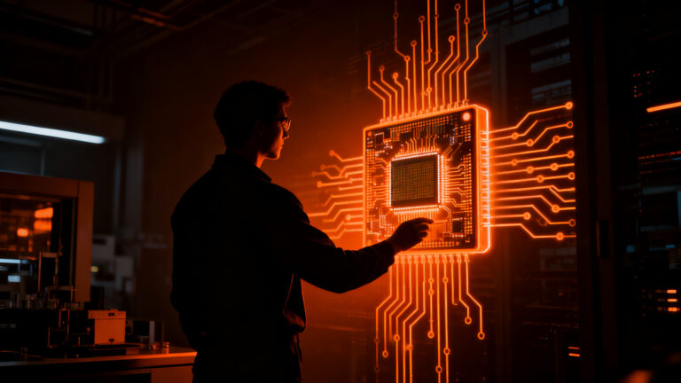 Ingeniero trabajando en el diseño de hardware especializado para inteligencia artificial, representando la optimización vertical de startups.