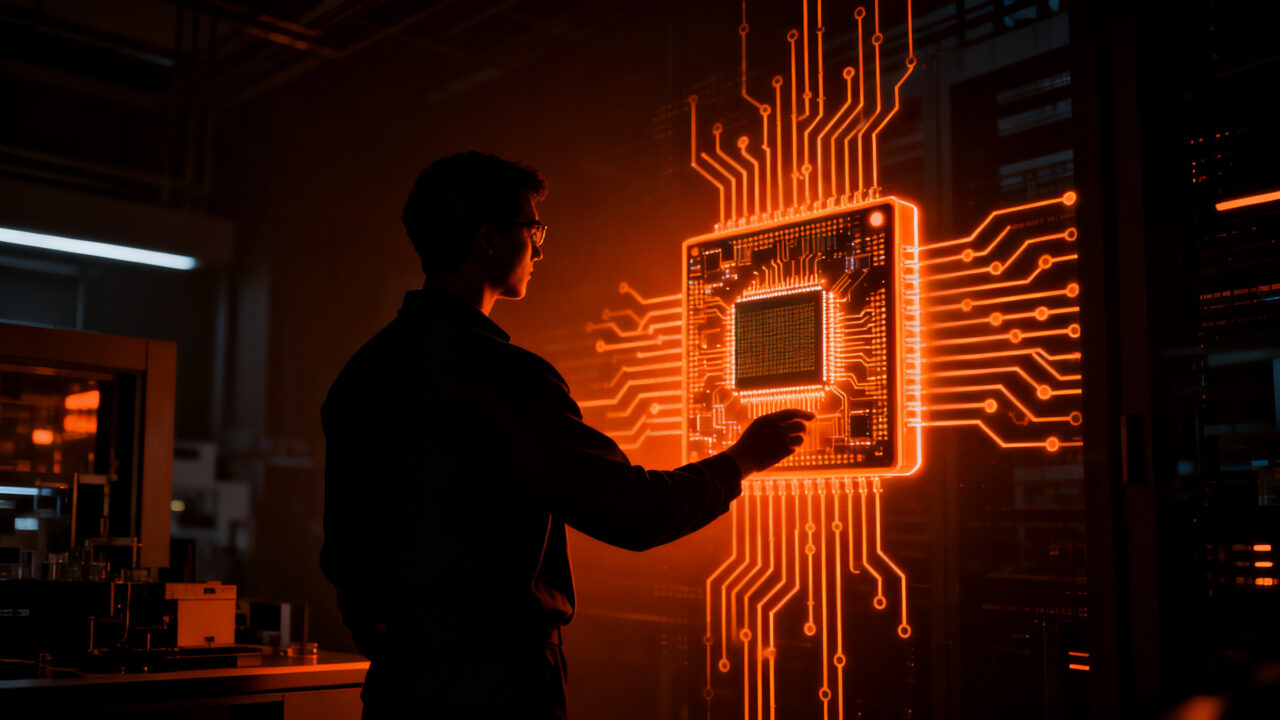 Ingeniero trabajando en el diseño de hardware especializado para inteligencia artificial, representando la optimización vertical de startups.