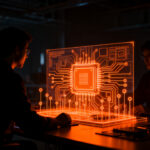 Ingenieros diseñando chips de inteligencia artificial propios en un entorno tecnológico oscuro y naranja, estrategia de Anthropic para reducir dependencia de Nvidia.
