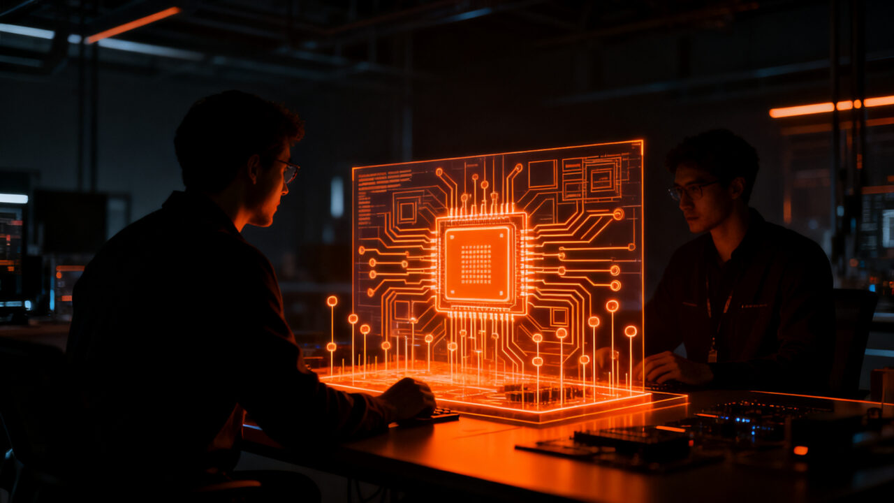 Ingenieros diseñando chips de inteligencia artificial propios en un entorno tecnológico oscuro y naranja, estrategia de Anthropic para reducir dependencia de Nvidia.