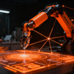 Agente de IA controlando maquinaria robótica en un entorno industrial avanzado, representando el nuevo estándar MHS de Anthropic.