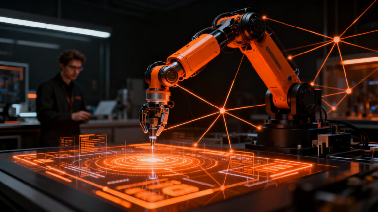 Agente de IA controlando maquinaria robótica en un entorno industrial avanzado, representando el nuevo estándar MHS de Anthropic.