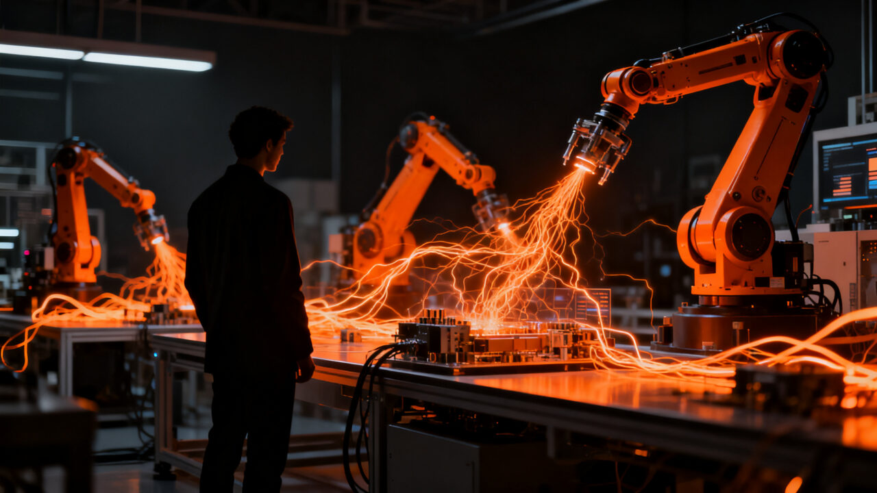 Agente de IA controlando brazos robóticos y tecnología avanzada, representando el estándar MHS de Anthropic para la automatización de laboratorios.