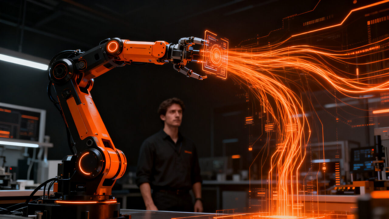 Un agente de IA controlando maquinaria industrial compleja, representando el estándar Model Hardware Standard de Anthropic para la automatización de fábricas y laboratorios.