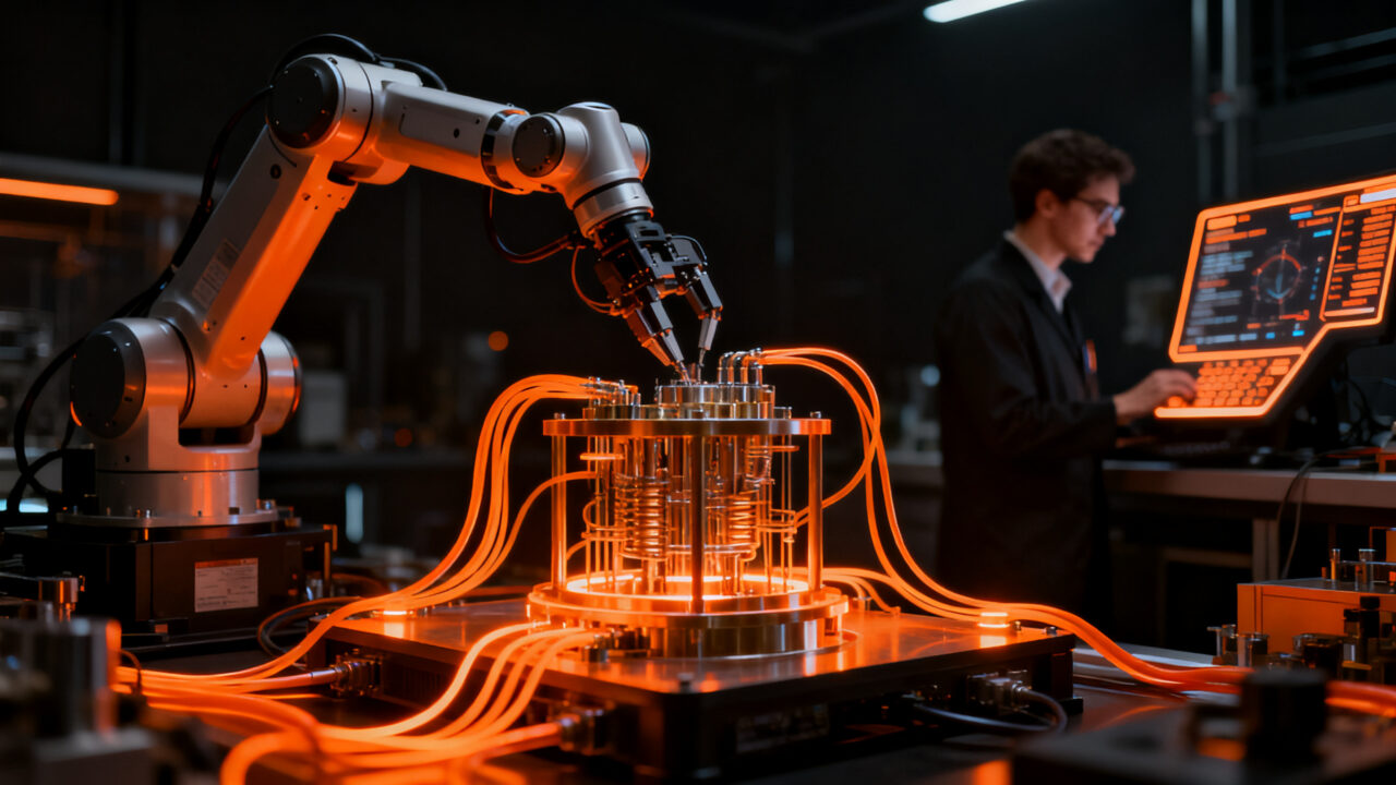 Agente de IA controlando hardware robótico avanzado mediante el Model Hardware Standard de Anthropic, representando la automatización industrial y científica.