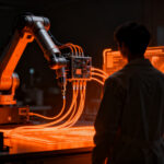 Agente de IA operando brazos robóticos de laboratorio mediante el nuevo estándar MHS de Anthropic para automatización avanzada.