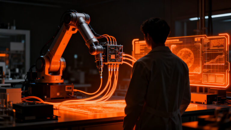 Agente de IA operando brazos robóticos de laboratorio mediante el nuevo estándar MHS de Anthropic para automatización avanzada.