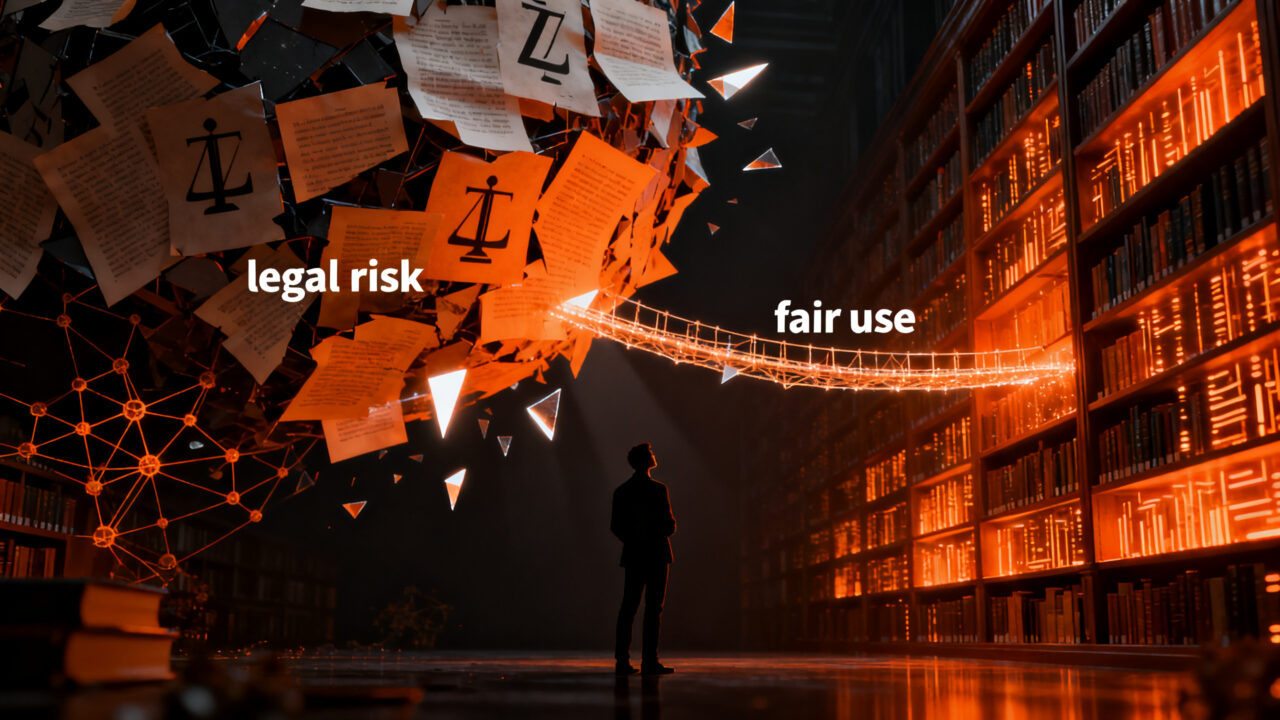 Fundador de startup ante un laberinto de libros y datos, representando los riesgos legales y el copyright en el entrenamiento de IA.