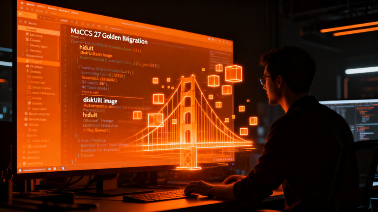 Desarrollador trabajando en la transición de hdiutil a diskutil image en macOS 27 Golden Gate para automatización de backups.
