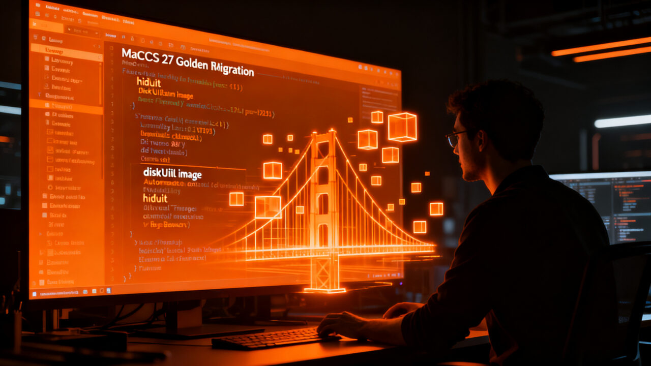 Desarrollador trabajando en la transición de hdiutil a diskutil image en macOS 27 Golden Gate para automatización de backups.