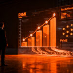 Emprendedor analizando proyecciones de inversión productiva y beneficios fiscales RIMI para PyMEs en una interfaz digital compleja.