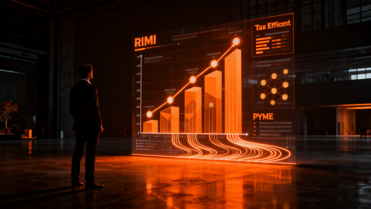 Emprendedor analizando proyecciones de inversión productiva y beneficios fiscales RIMI para PyMEs en una interfaz digital compleja.