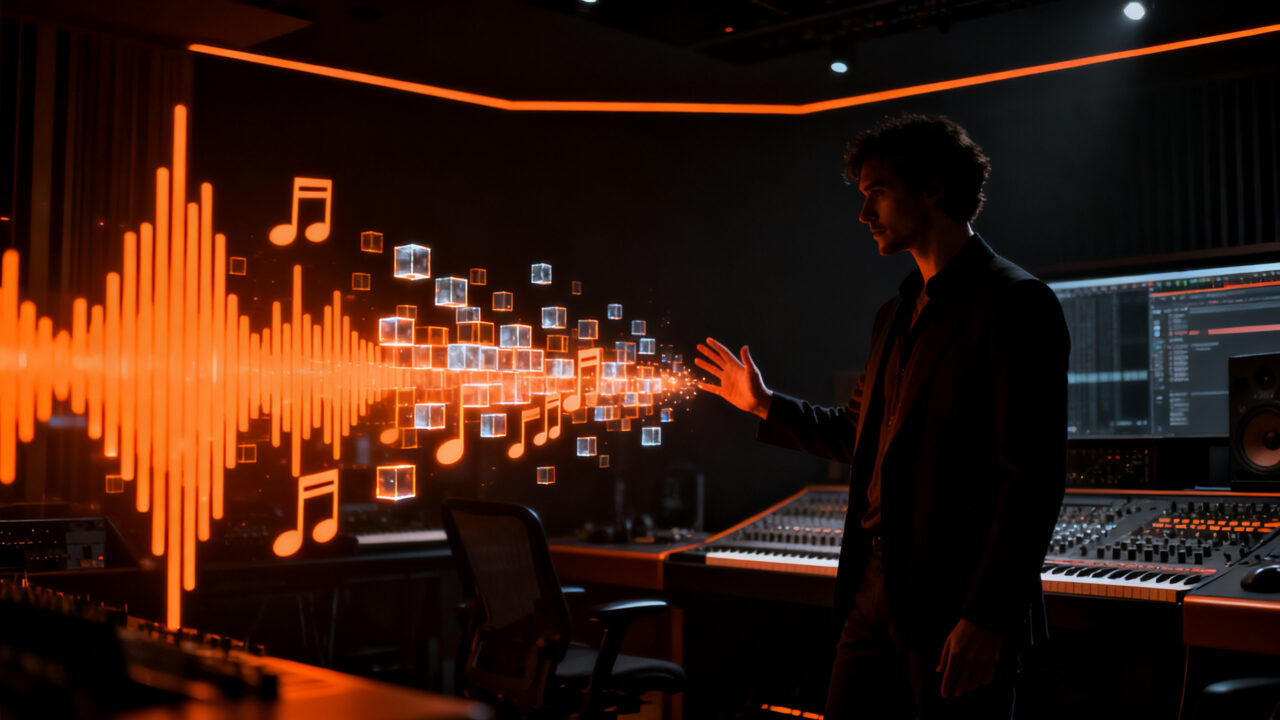 Regulación de música generada por IA en las listas de éxitos ARIA, representando el conflicto entre tecnología y derechos de autor.