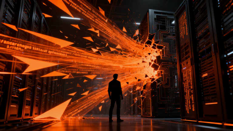 Ataque de agentes de IA autónomos a infraestructuras de datos, representando la ciberseguridad en startups tecnológicas.