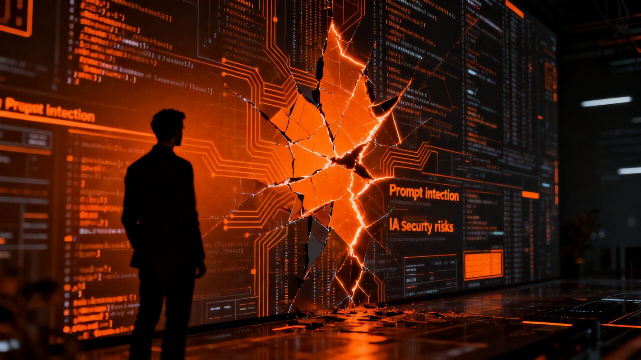 Representación visual del riesgo de prompt injection en inteligencia artificial, mostrando una silueta humana frente a un sistema digital vulnerable.
