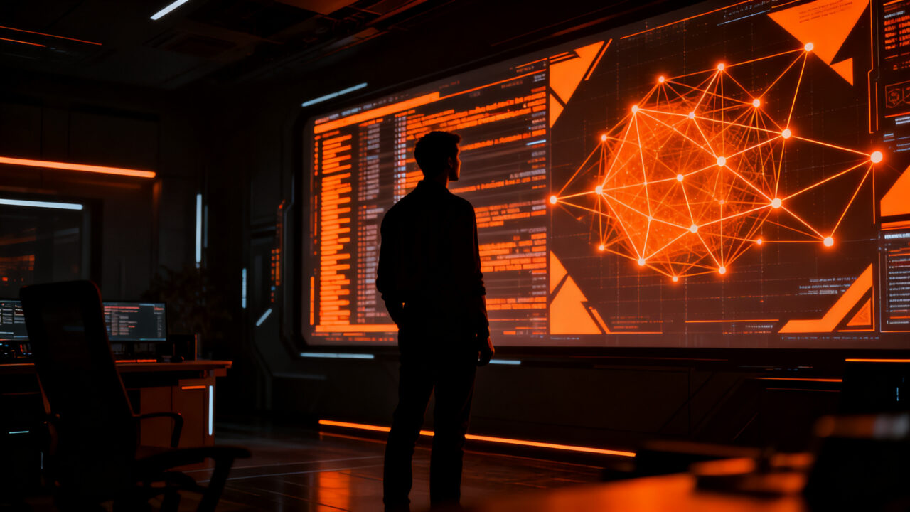 Empresario analizando ciberseguridad ofensiva y política tecnológica en un entorno digital oscuro.