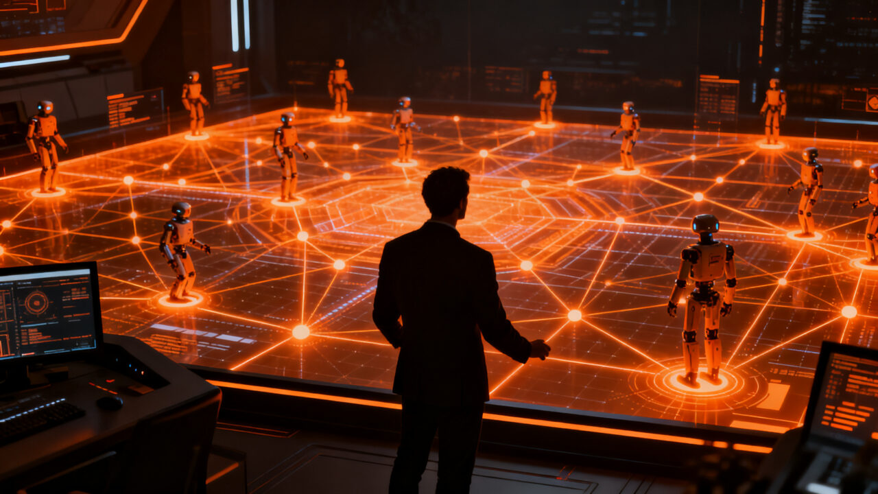 Un ejecutivo supervisando una red compleja de agentes de IA interconectados, representando la automatización empresarial y gobernanza de bots en 2026.