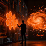 Estratega financiero analizando datos de seguridad bancaria frente a un panel de control de machine learning y GenAI, representando la ciberseguridad en fintech.