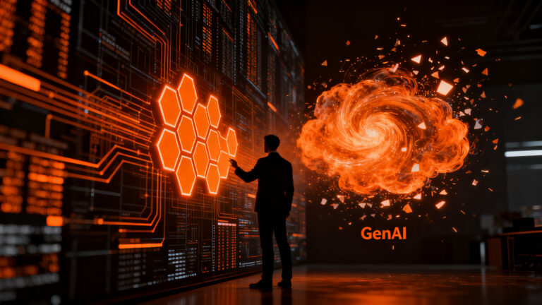 Estratega financiero analizando datos de seguridad bancaria frente a un panel de control de machine learning y GenAI, representando la ciberseguridad en fintech.