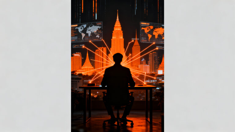 Profesional trabajando remotamente con una vista panorámica futurista de Bangkok, representando el auge de las ciudades para nómadas digitales en 2026.