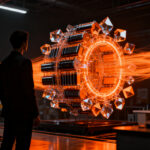 Emprendedor observando una red de energía de baterías de estado sólido, simbolizando la innovación tecnológica en vehículos eléctricos para 2027.