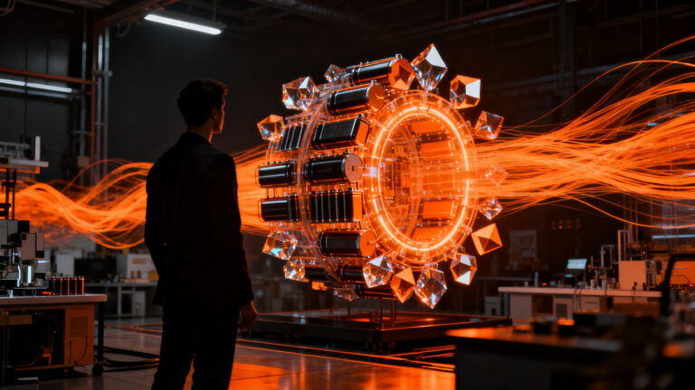 Emprendedor observando una red de energía de baterías de estado sólido, simbolizando la innovación tecnológica en vehículos eléctricos para 2027.