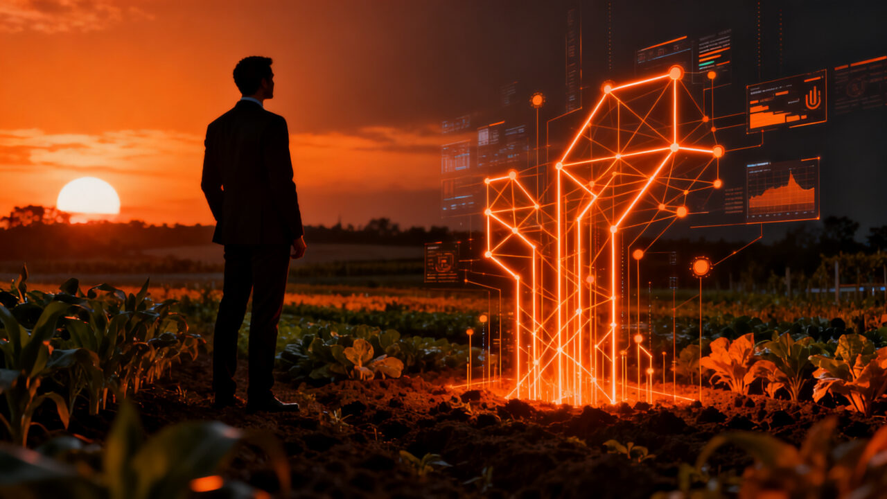 Emprendedor en un campo tecnológico conectado con redes de datos en el BCR Agtech Forum, representando la innovación agropecuaria.