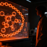 Biotecnólogo joven liderando la innovación científica en una startup biotecnológica, representando la transición de la academia al emprendimiento.