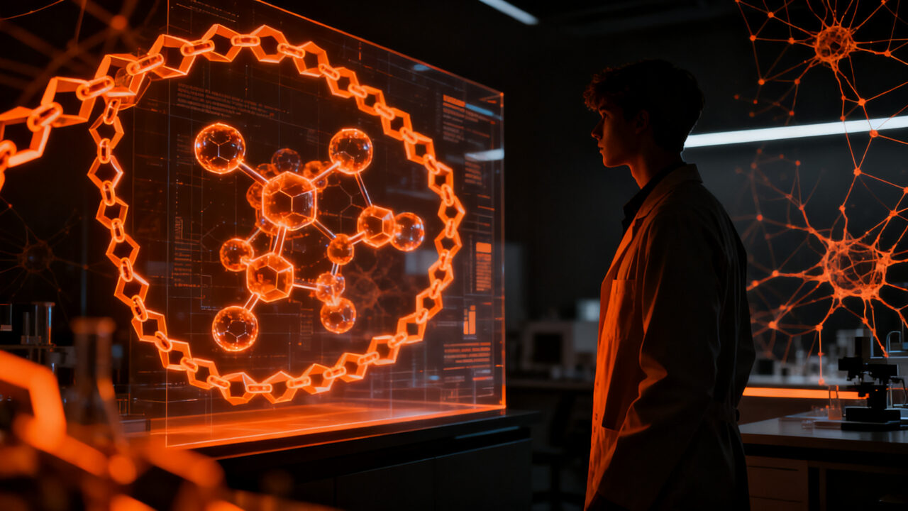 Biotecnólogo joven liderando la innovación científica en una startup biotecnológica, representando la transición de la academia al emprendimiento.