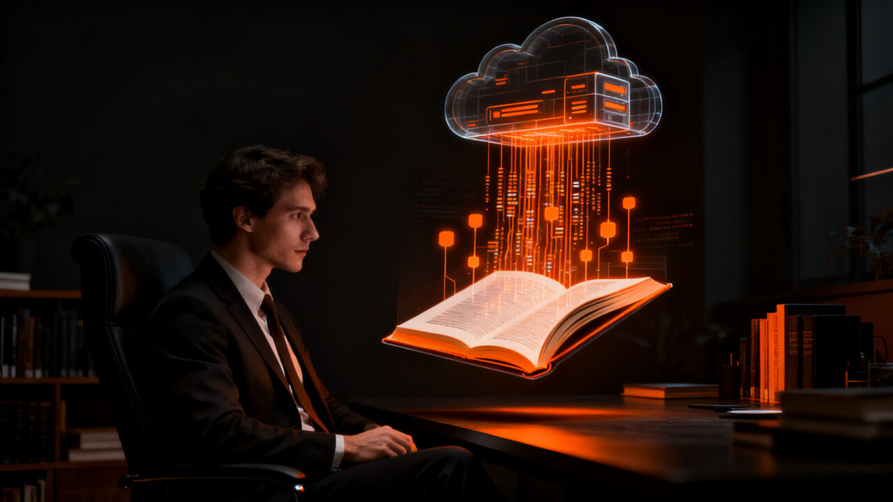 Interfaz de usuario de una plataforma self-hosted para ebooks, mostrando una biblioteca digital moderna sobre infraestructura cloud.