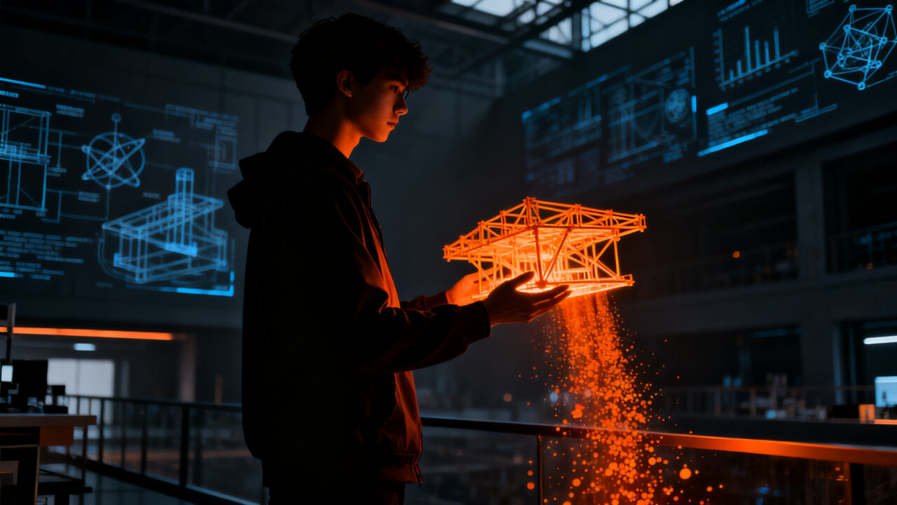Estudiante emprendedor analizando prototipo tecnológico en un laboratorio universitario, representando el lanzamiento del programa BOOST Startups de la UdeC para validar tecnologías.