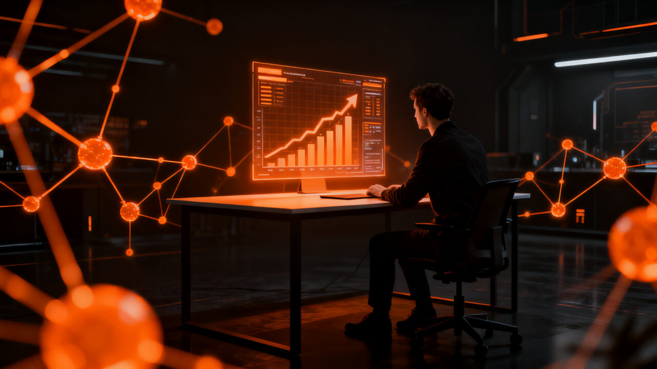 Emprendedor solitario construyendo una startup rentable con IA, representando el modelo de crecimiento sin capital de riesgo.