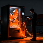 Máquina de vending de hielo Boreal Ice Vending en un entorno turístico nocturno, representando innovación en startups españolas.