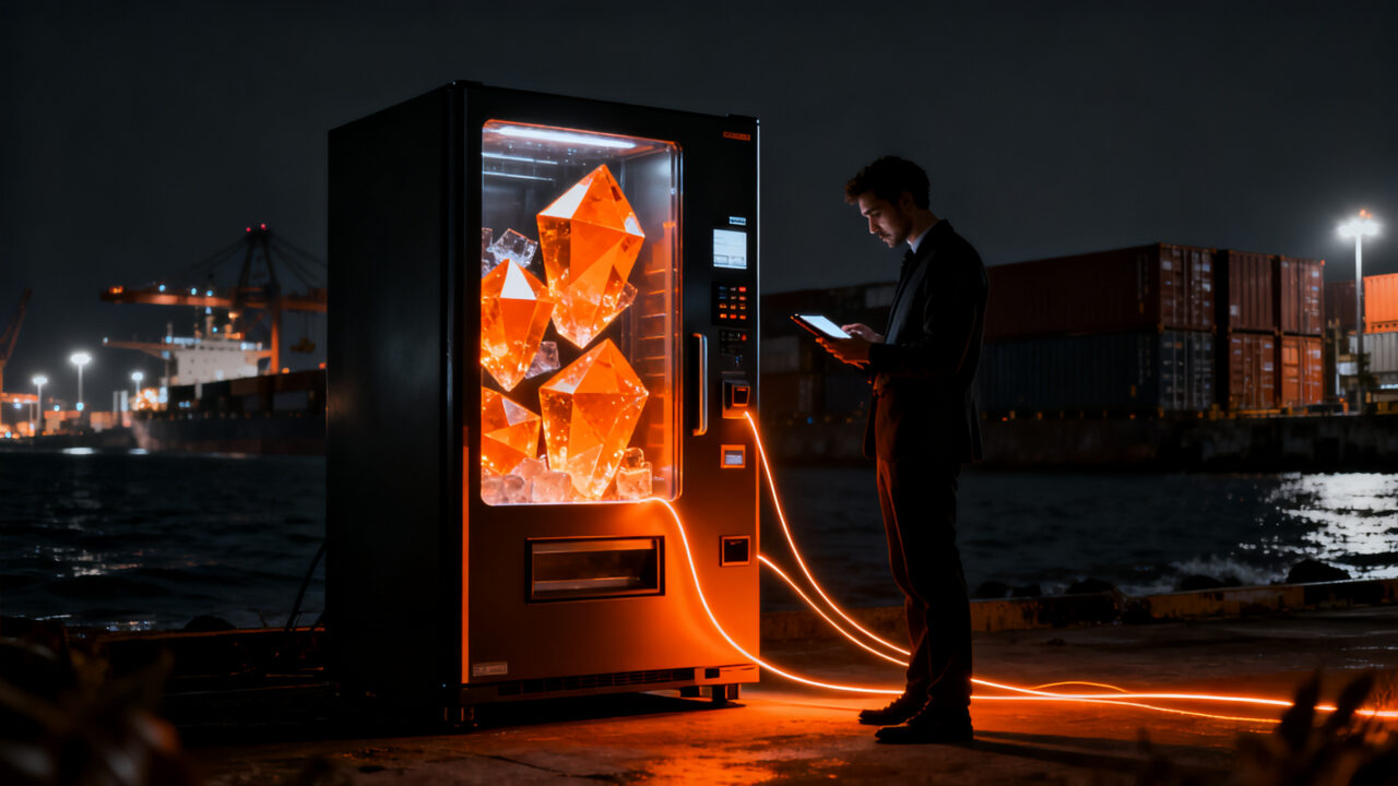 Máquina de vending de hielo Boreal Ice Vending en un entorno turístico nocturno, representando innovación en startups españolas.