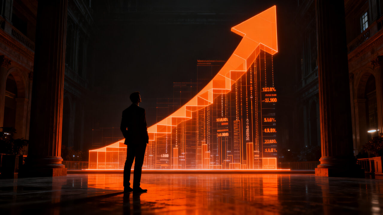 Silueta de líder empresarial frente a un gráfico de deuda pública en Brasil, representando los retos fiscales y la economía macroeconómica.