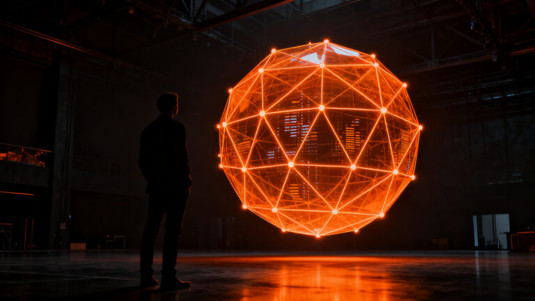 Emprendedor analizando un complejo diseño sistémico inspirado en Buckminster Fuller para escalar startups en 2026.