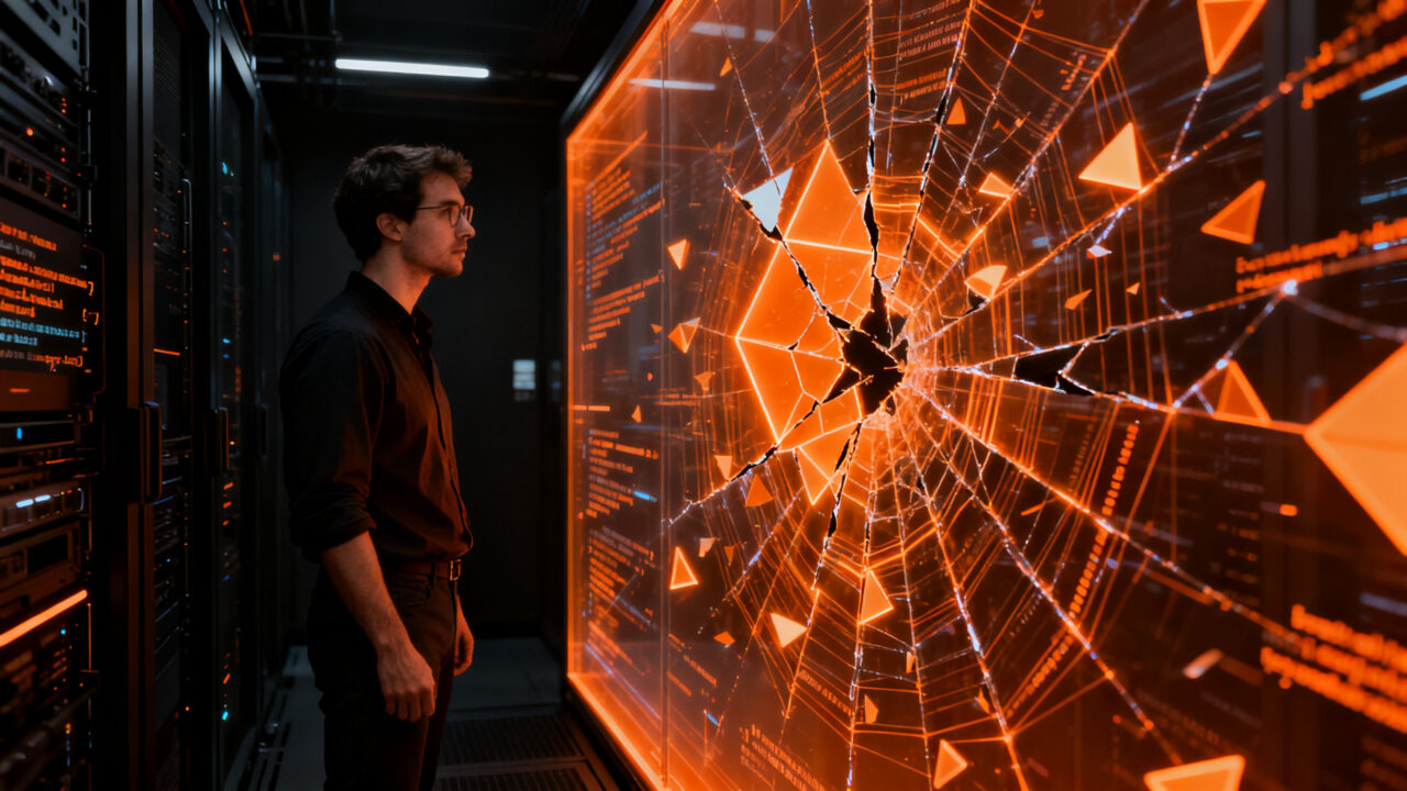 Ingeniero de software detectando fallos invisibles en código complejo, representando el concepto de bug blindness y calidad de software.
