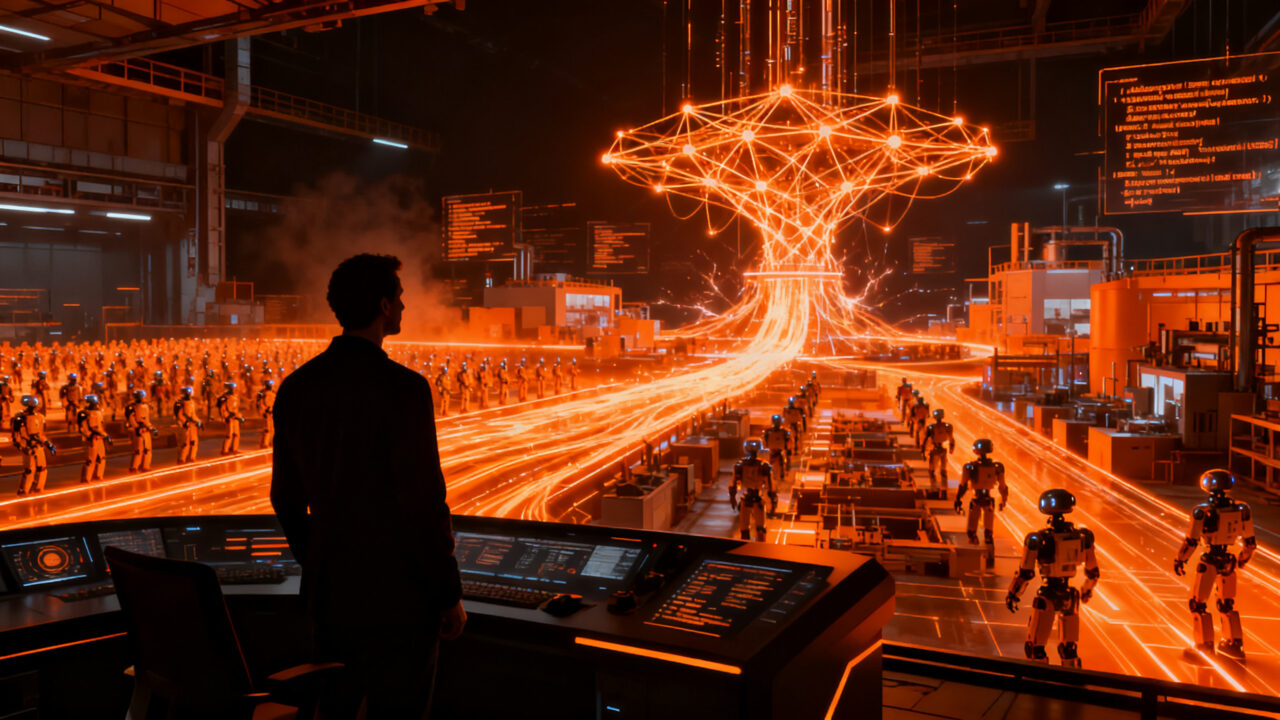 Agentes de IA automatizando el desarrollo de software y la migración de código, representando la nueva era de la productividad tecnológica.