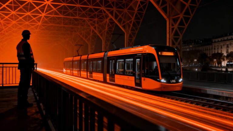 Tren-tram Urbos de CAF operando en una red de movilidad urbana moderna, representando el contrato ferroviario en París.