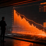 Gráfico de tendencia económica descendente con silueta de empresario analizando datos, reflejando la baja confianza del consumidor en Chile.