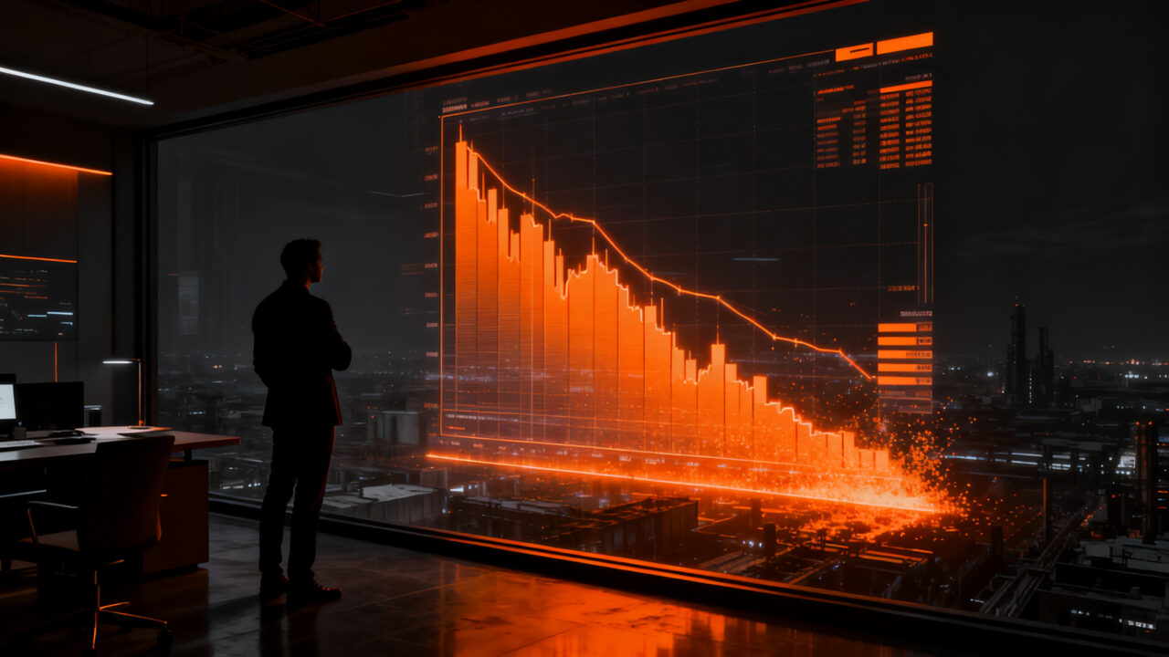 Gráfico de tendencia económica descendente con silueta de empresario analizando datos, reflejando la baja confianza del consumidor en Chile.