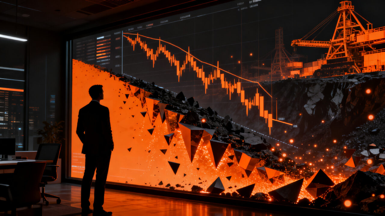 Gráfico de tendencia económica a la baja y silueta de analista observando datos de producción industrial en Chile.