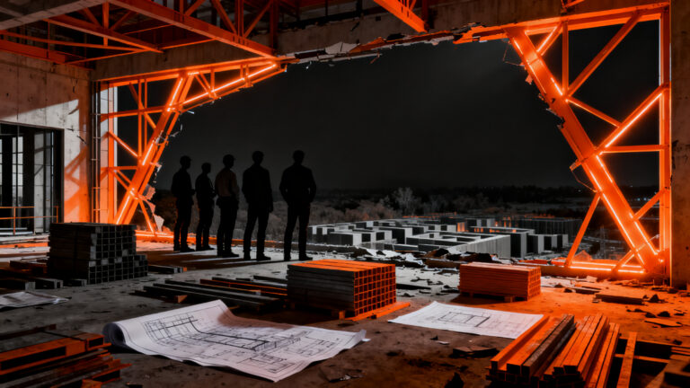 Arquitectos y constructores planificando la reconstrucción de viviendas tras un terremoto en Colombia, simbolizando resiliencia y recuperación.