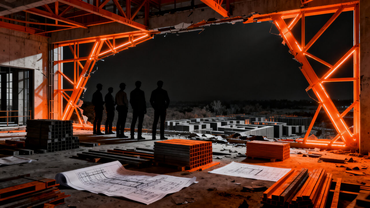 Arquitectos y constructores planificando la reconstrucción de viviendas tras un terremoto en Colombia, simbolizando resiliencia y recuperación.