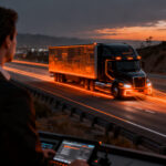 Camión autónomo circulando en una autopista de California, representando la automatización en la logística y el transporte de carga.
