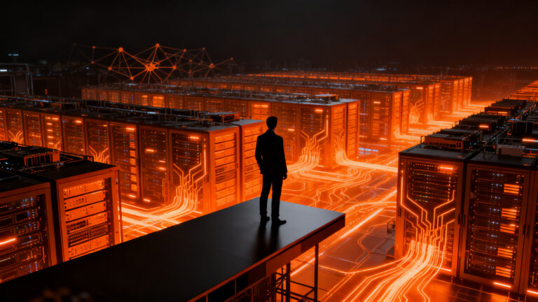 Inversor observando un complejo centro de datos de inteligencia artificial, representando la infraestructura tecnológica y el crecimiento de Nvidia.