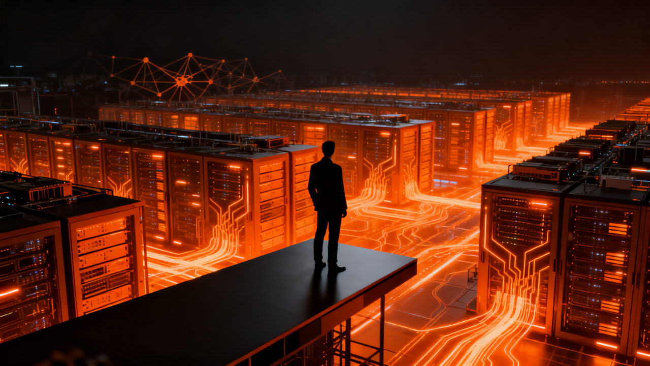 Inversor observando un complejo centro de datos de inteligencia artificial, representando la infraestructura tecnológica y el crecimiento de Nvidia.